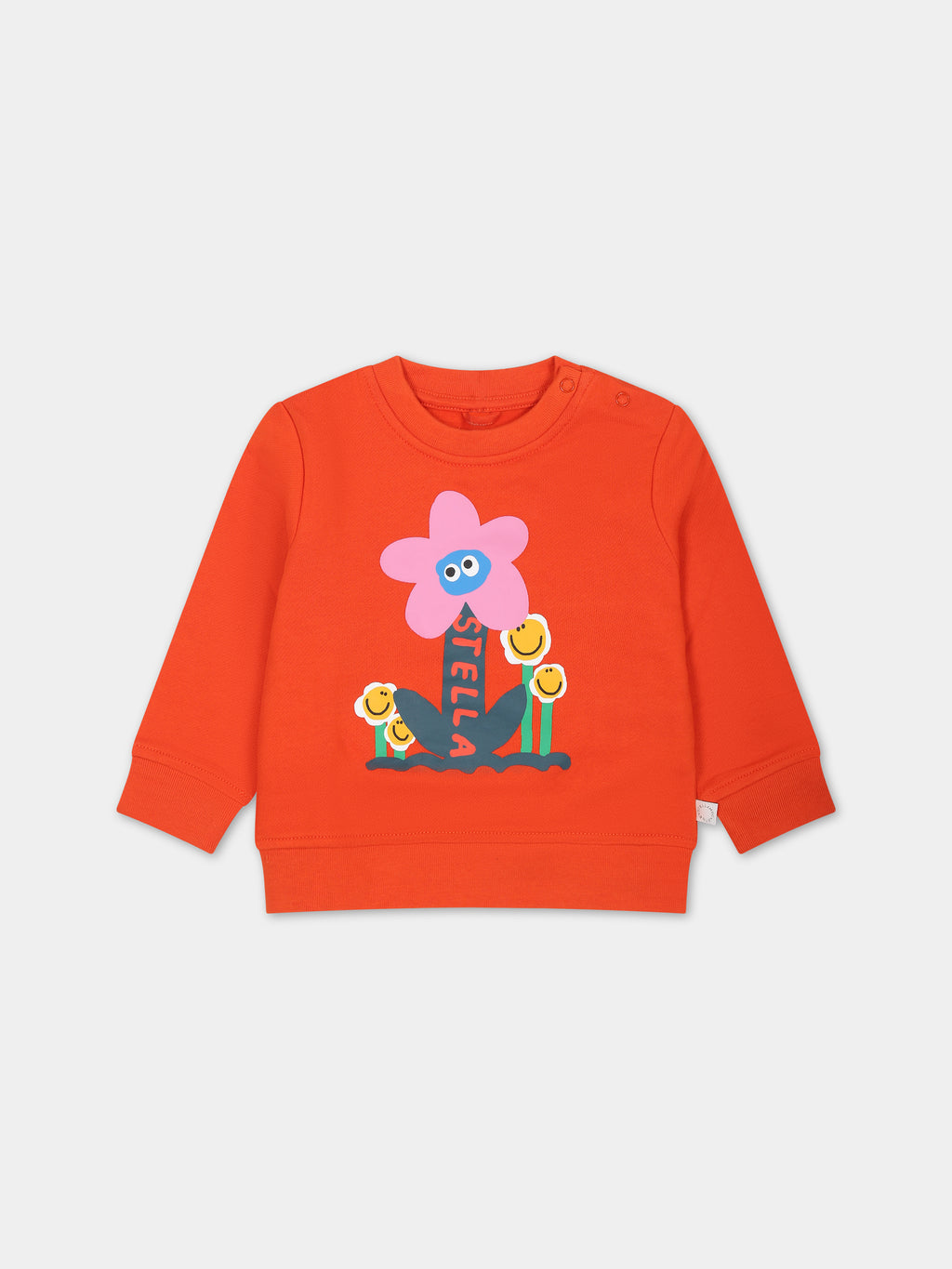 Orange sweatshirt for baby girl with flowesr and logo